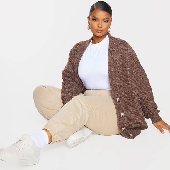 Plus Chocolate Rib Collar Oversized Cardigan - Picture 2 of 3